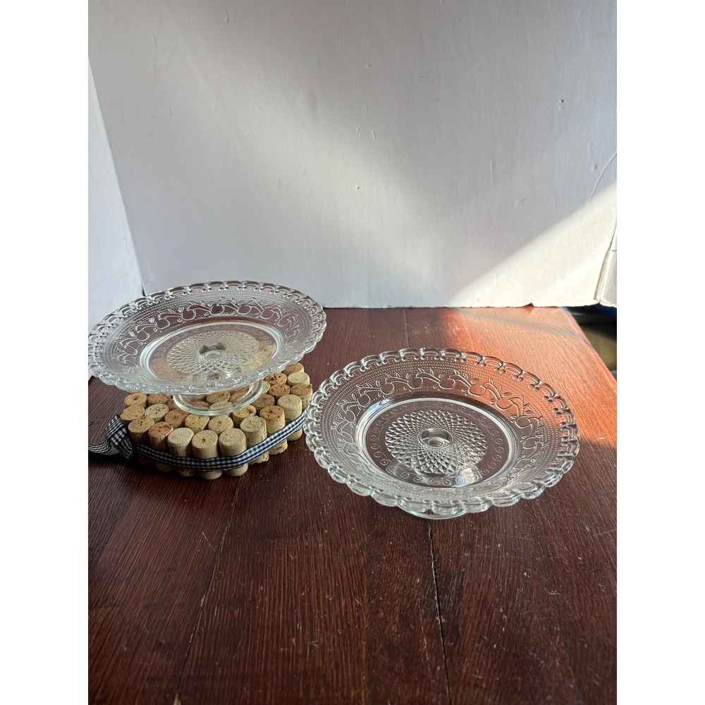 Vintage Clear Pressed Glass Pedestal Cupcake Stands Scalloped Edge Set of 2 - 8" - Picture 2 of 8